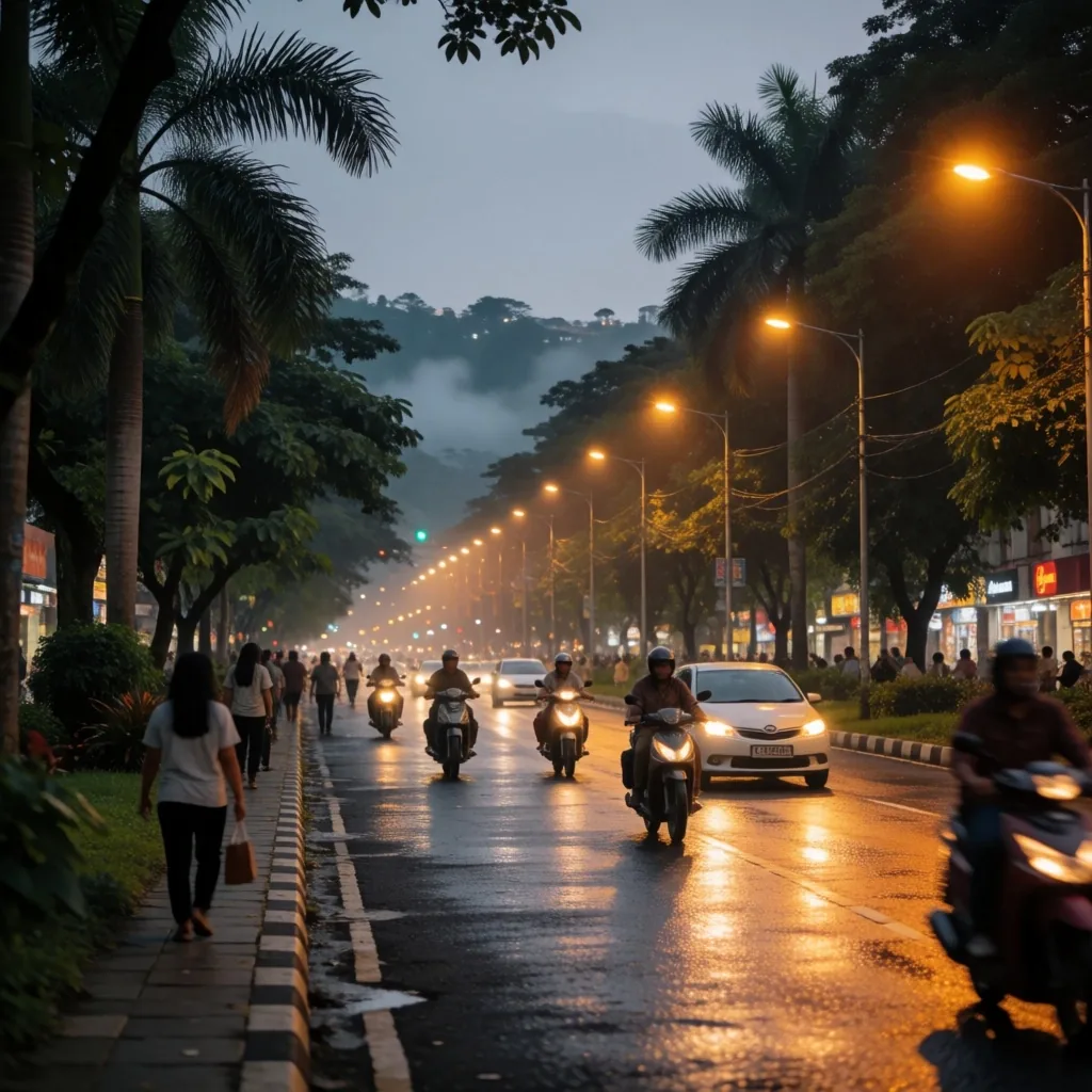 Bandung street scene at dusk