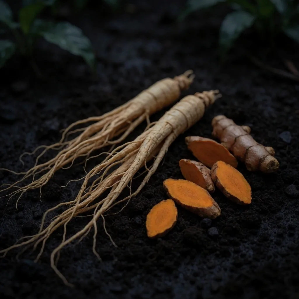 Dried botanical roots on dark earth