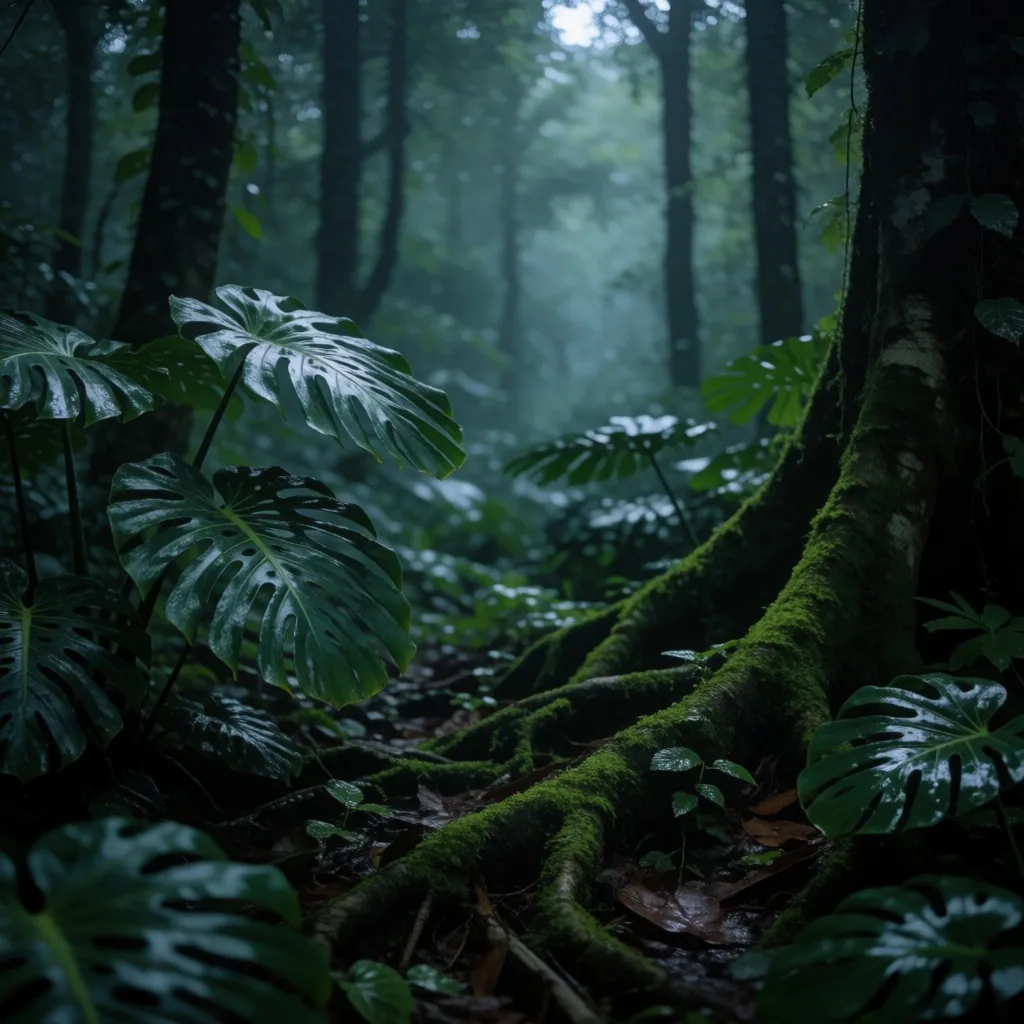 Humid tropical forest at dusk in Indonesia