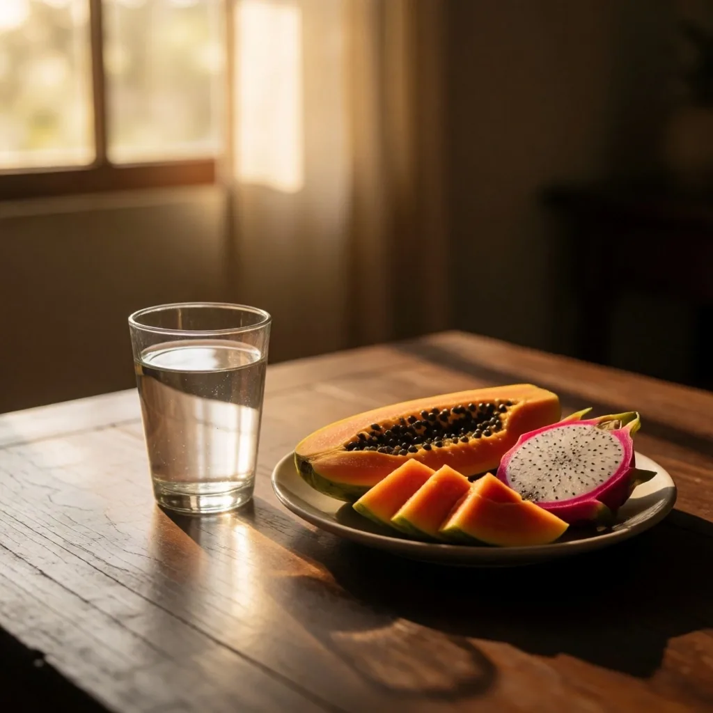 Morning hydration and breakfast on a wooden table in warm light