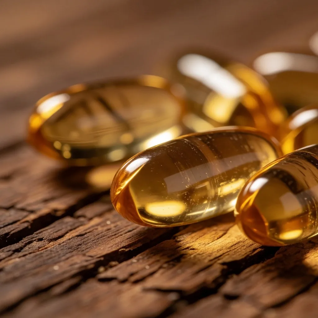 Natural supplement capsules on plywood