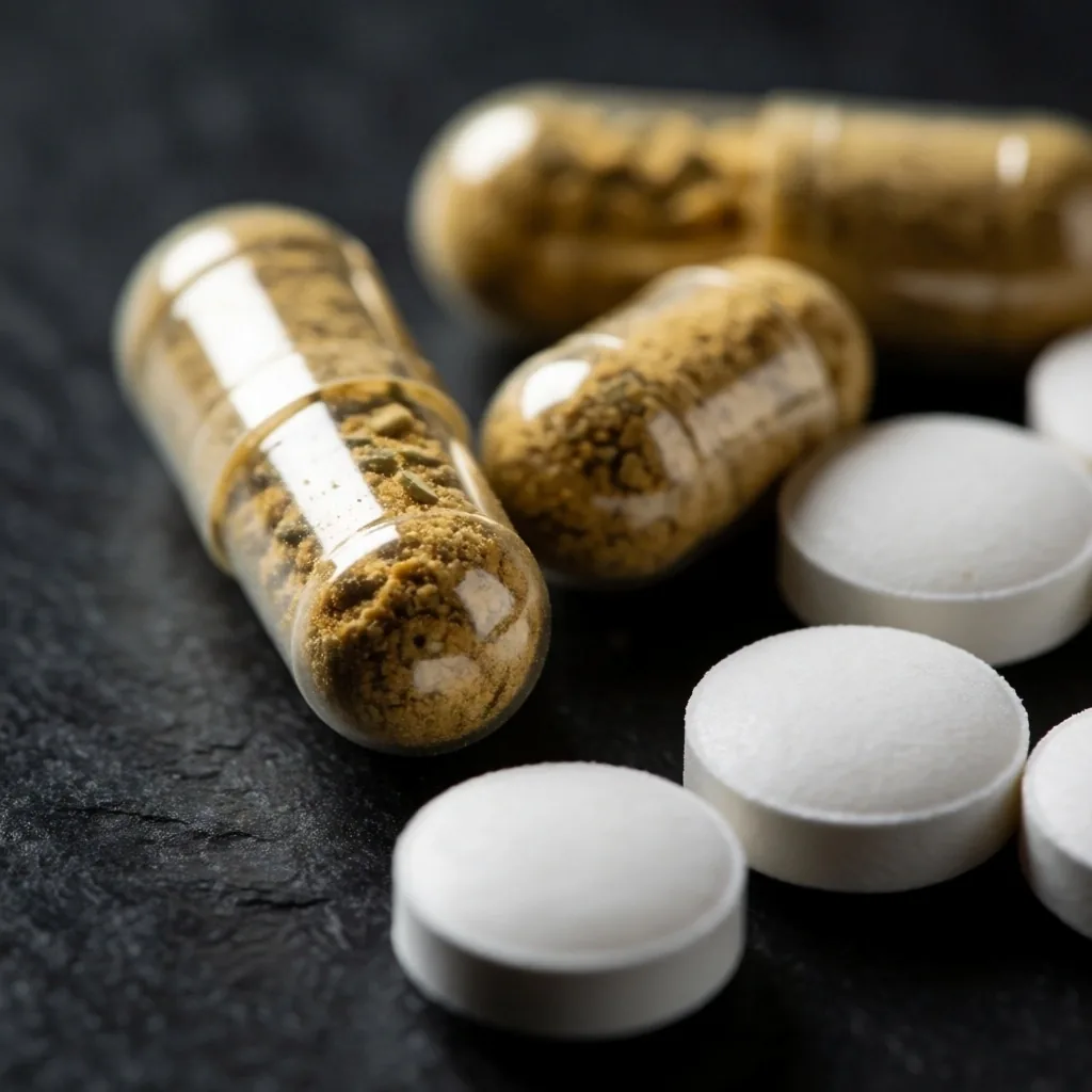 Capsules and tablets on a dark surface