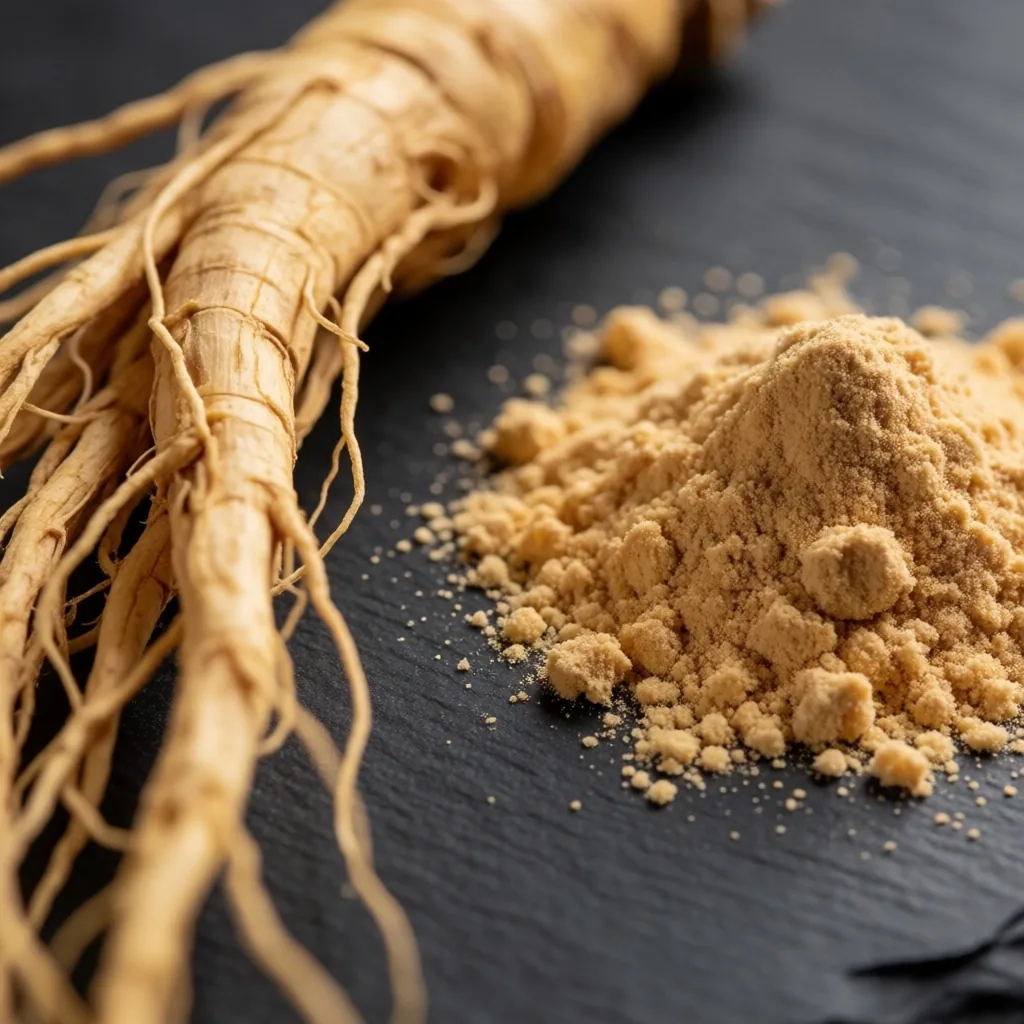 Whole ginseng root and extract powder side by side
